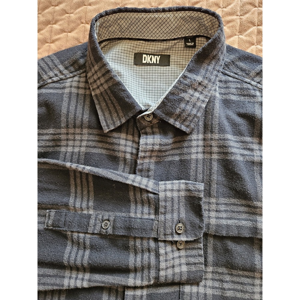 DKNY Men's Black Gray Flannel Hidden Buttons Long Sleeve Shirt, Sz. LG